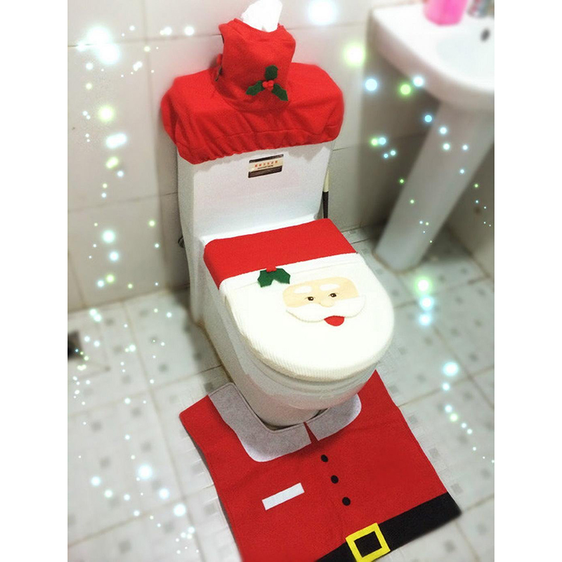 New Santa Toilet Seat Cover + Rug Bathroom Mat Set Christmas