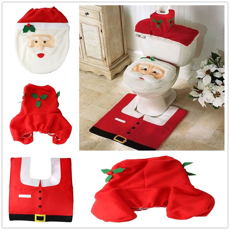 New Santa Toilet Seat Cover + Rug Bathroom Mat Set Christmas