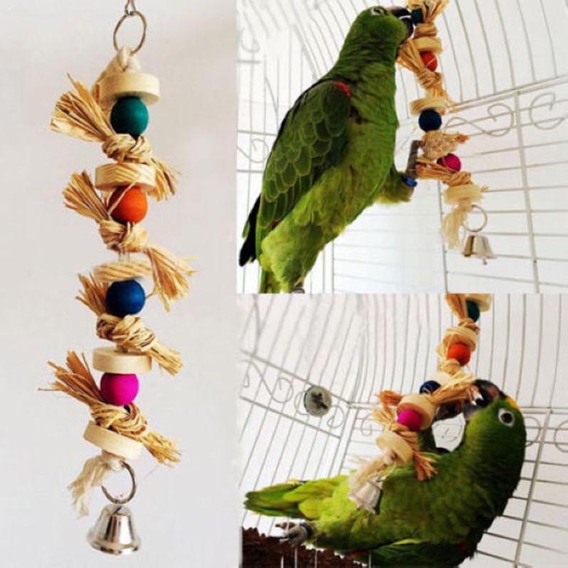 New 30cm Parrot Pet Bird Bite Chew Toy Wooden Straw With Bell Cage Swing Hanging eBay