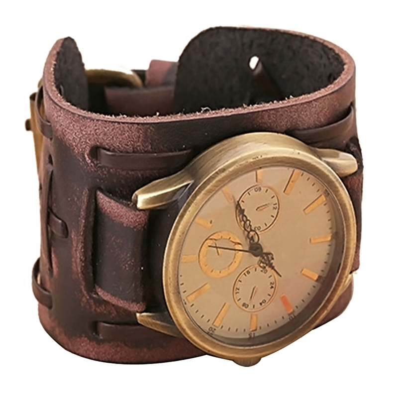 New Retro Mens Womens Cool Punk Wrist Watch Big Wide Leather Band
