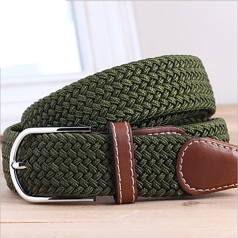 Mens Women Woven Stretch Braided Elastic Leather Buckle Belt Waistband