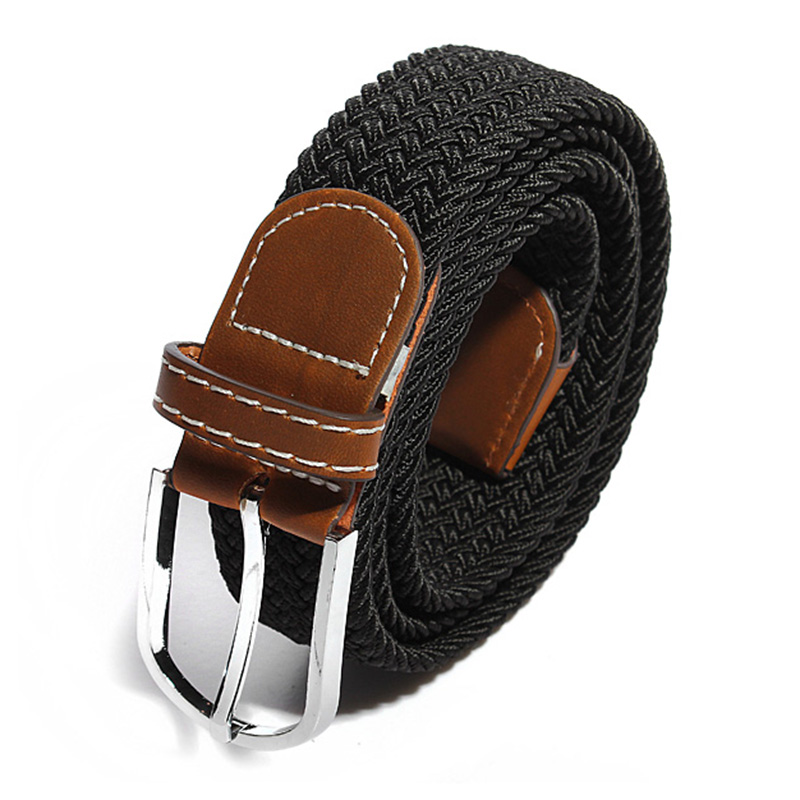 Mens Women Woven Stretch Braided Elastic Leather Buckle Belt Waistband