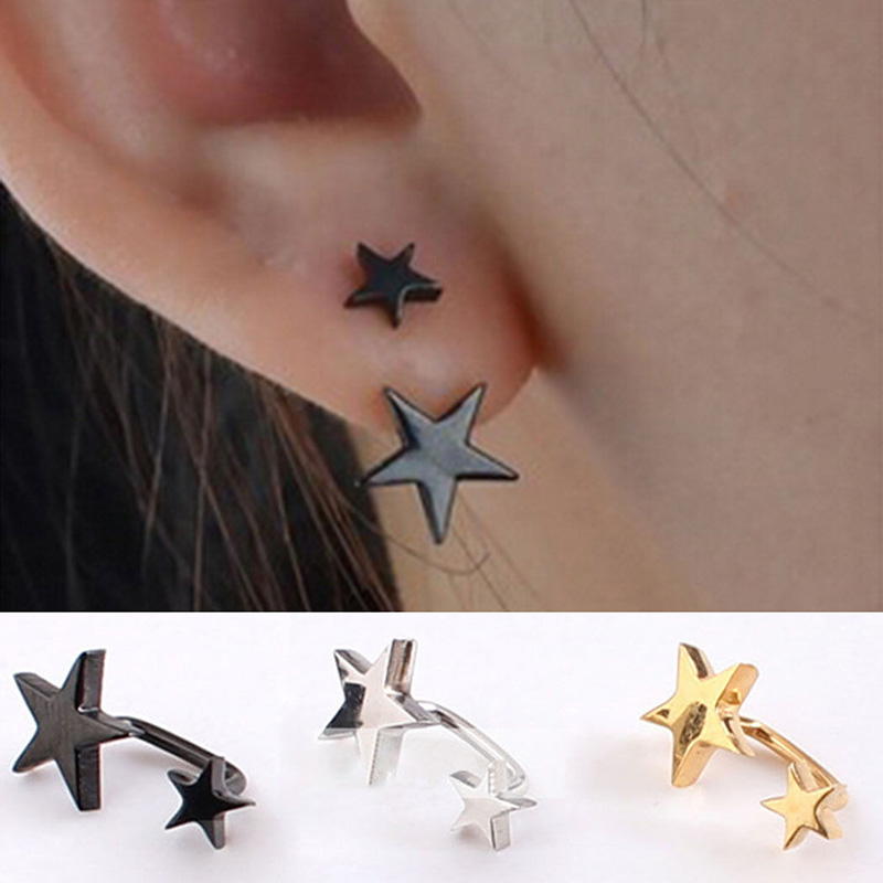 1 Pair Earrings Stainless Steel Bar Barbell Screw Double Stars Ear Stud