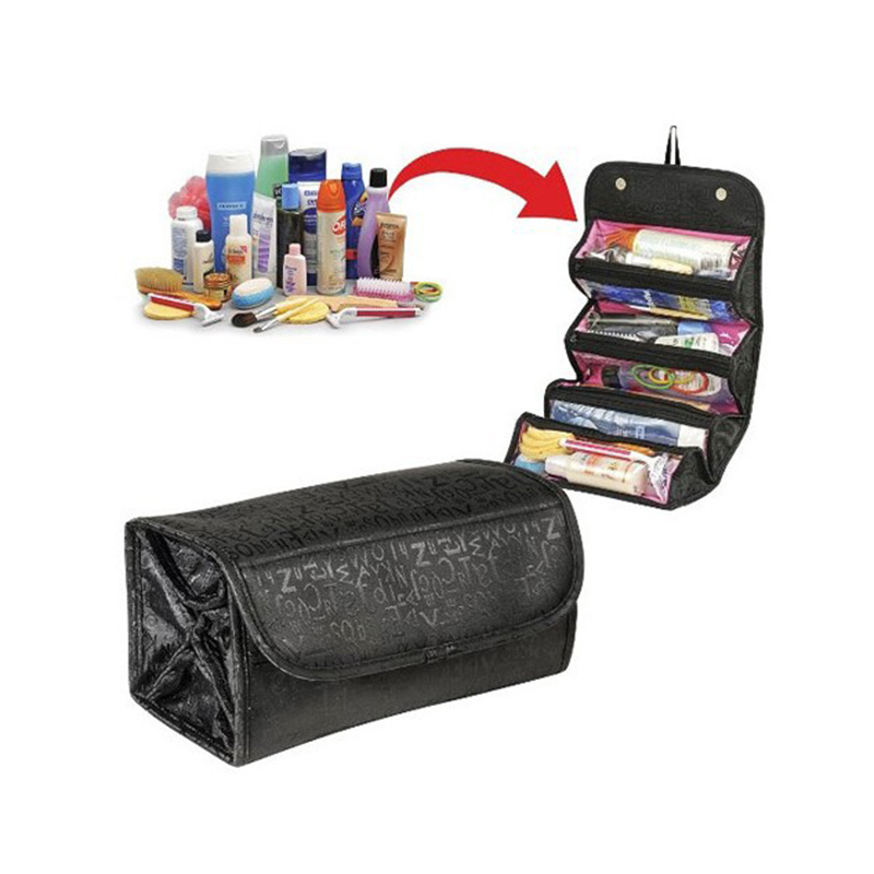 Portable Cosmetic Roll Up Makeup Organizer Case Travel Toiletry Bag Black