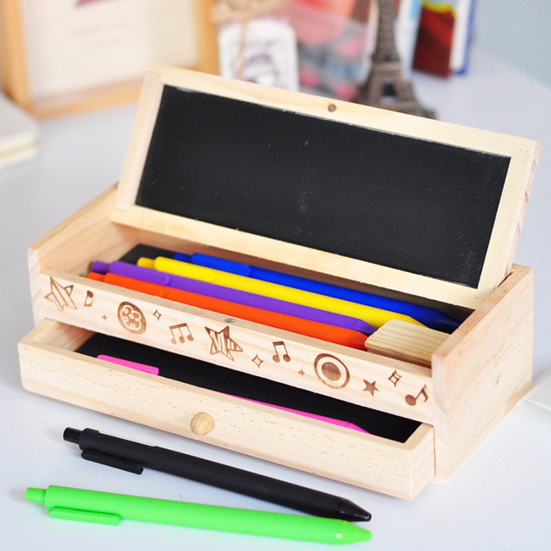 New Double Layers Wood Wooden Pen Pencil Case Holder Stationery Box