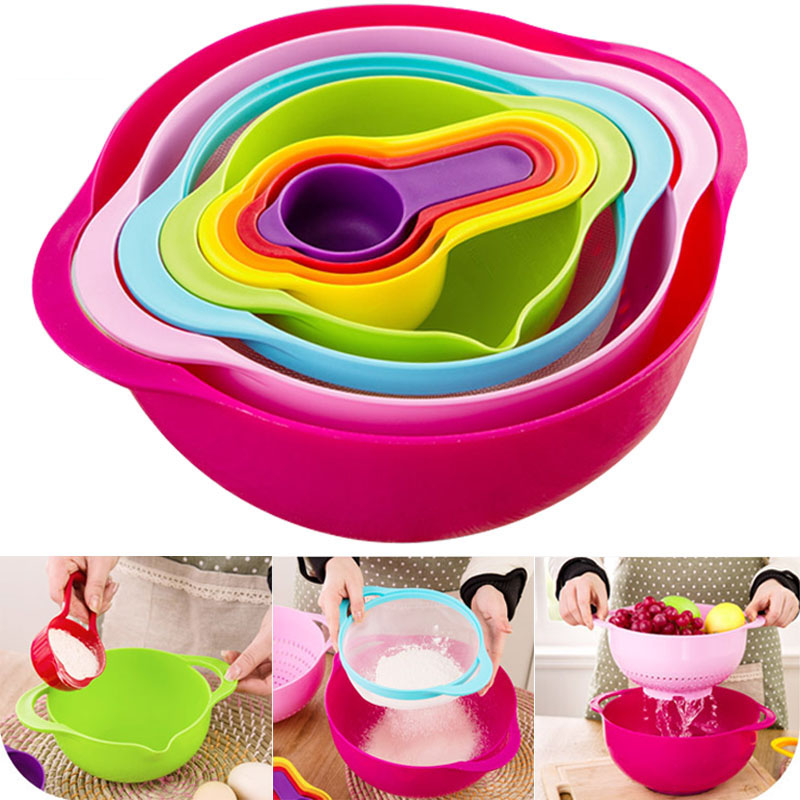 8 in 1 set Multicolor kitchen Bowl Set Strainer Measure Cup Sieve