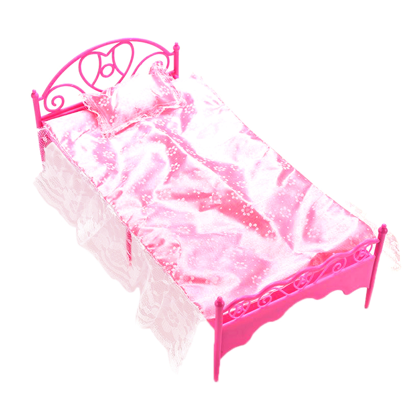 1PC Plastic Miniatures Bedroom Furniture Pink Bed for Barbie Dolls