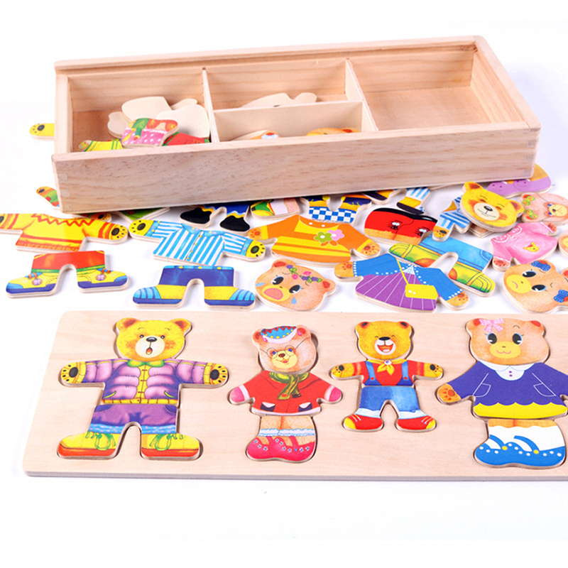 Wooden Baby Bear Changing Clothes Puzzle Set Children Kids Educational