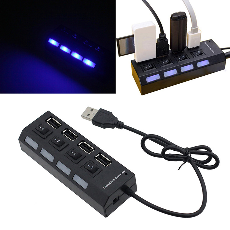 LED 4 Port USB 2.0 Hub High Speed Power On/Off Button Switch for Laptop