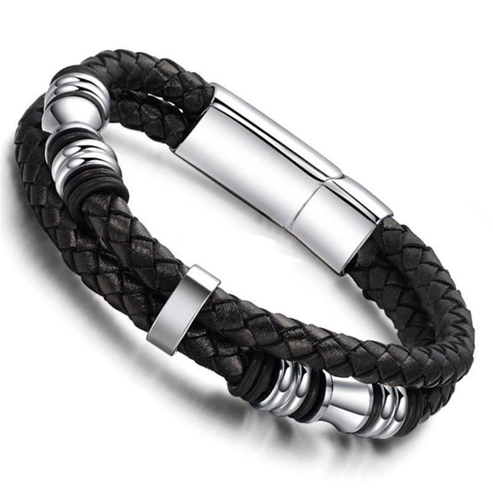 NEW MEN'S BRAIDED Genuine Leather Stainless Steel Cuff Bangle Bracelet ...