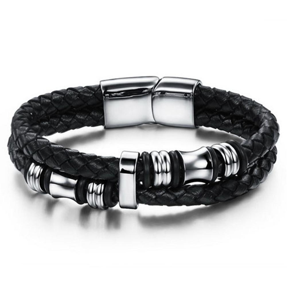 NEW MEN'S BRAIDED Genuine Leather Stainless Steel Cuff Bangle Bracelet ...