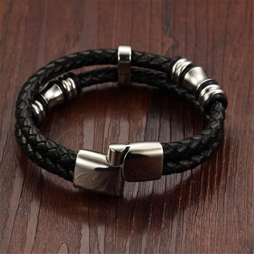 New Men's Braided Genuine Leather Stainless Steel Cuff Bangle Bracelet ...