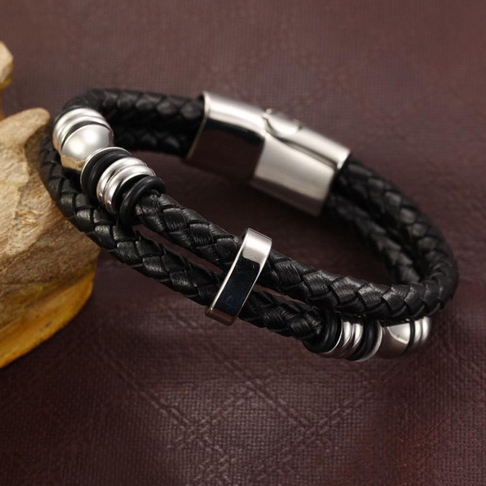 New Men's Braided Genuine Leather Stainless Steel Cuff Bangle Bracelet ...
