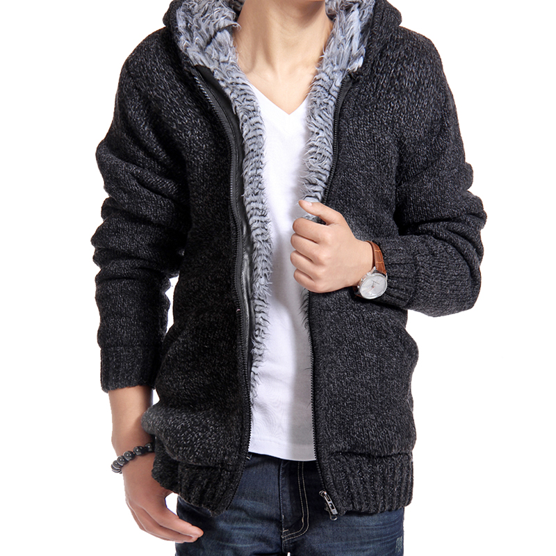 Men's Wool Fur Lining Hooded Cardigan Sweater Knitted Jacket Coat ...