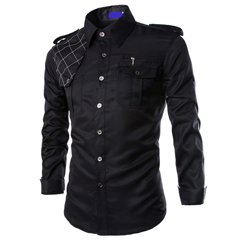 New Men's Casual Long Sleeve Epaulet Shirts Fashion Formal Tops Slim ...