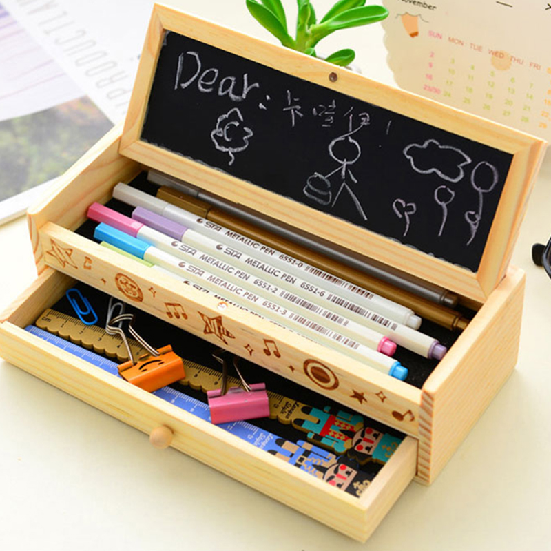 Kids Student Wooden Pen Pencil Case Holder Stationery Box ...