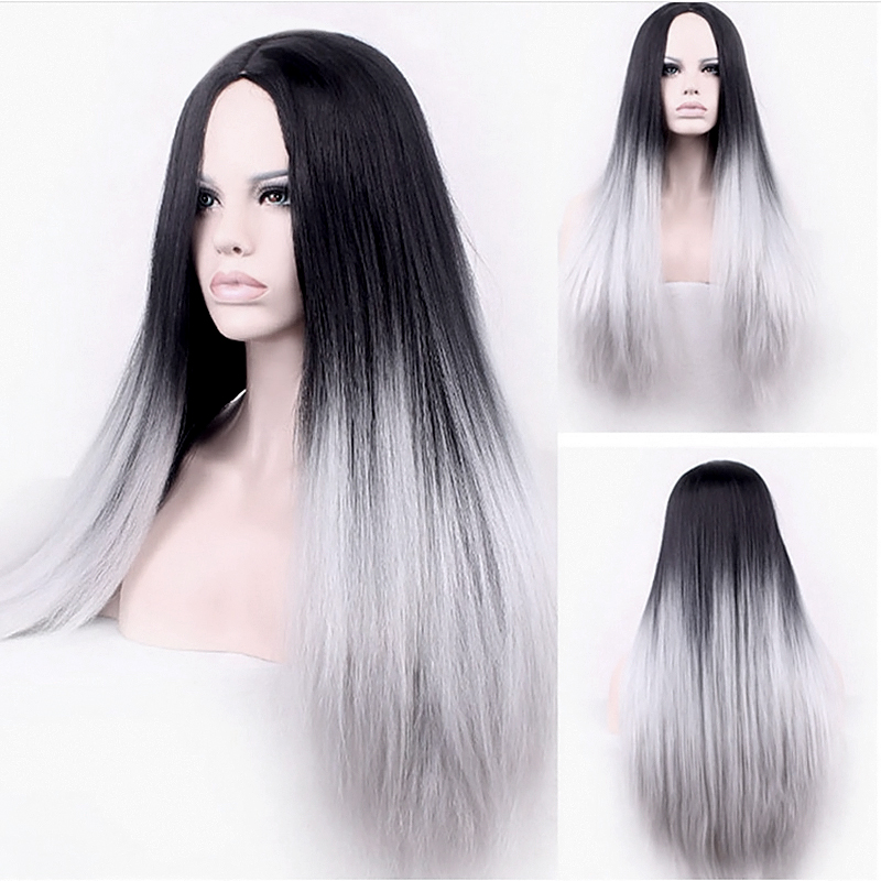 Full Wig Long Straight Front Black Gray Gradient Ombre Heat Resistant ...
