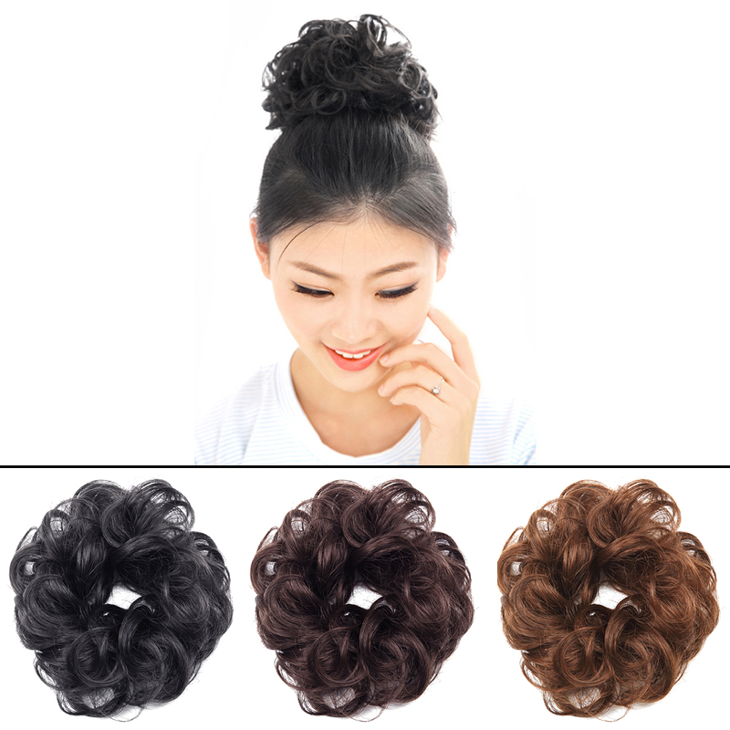 Ladies Curly Wavy Synthetic Bun Cover Hairpiece Clip In Scrunchie