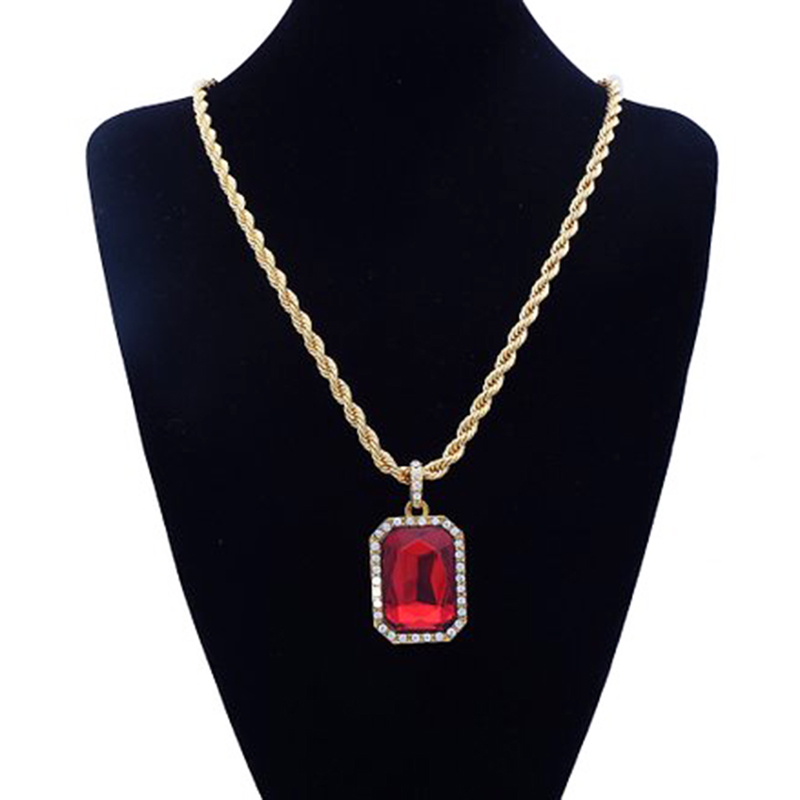 Mens Gold Plated Necklace Iced Out Octagon Ruby Pendant With 3mm 24 ...