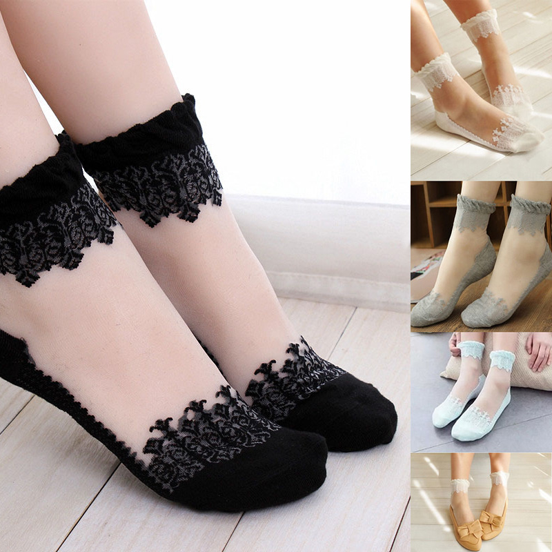 Women Ladies Lace Ruffle Ankle Socks Ultrathin Sheer Silk Cotton ...