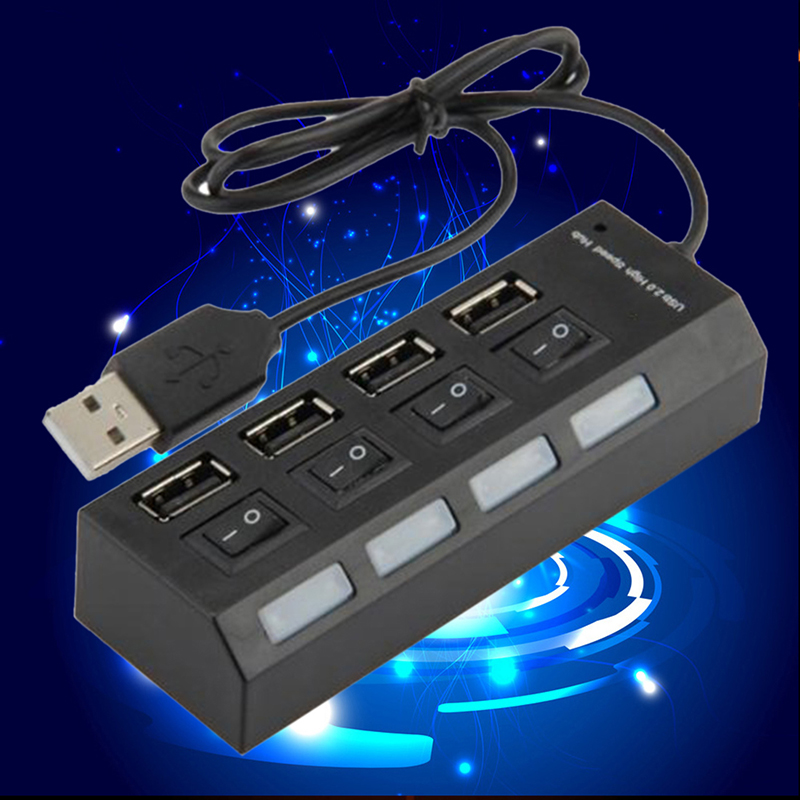 LED 4 Port USB 2.0 Hub High Speed Power On/Off Button Switch for Laptop ...