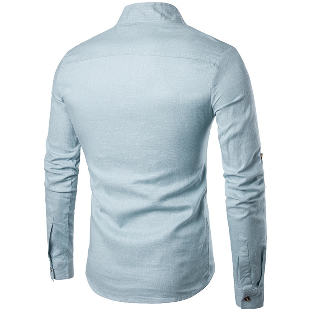 Men's Solid Henley Stand-up Collar Long Sleeve Linen Casual HALF BUTTON ...