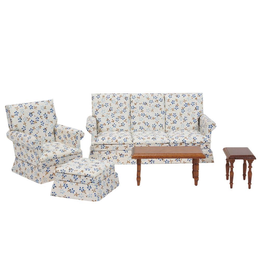 BIN 5 x Mini Blue Floral Living Room Set For 1:12 Miniature Dollhouse Furniture