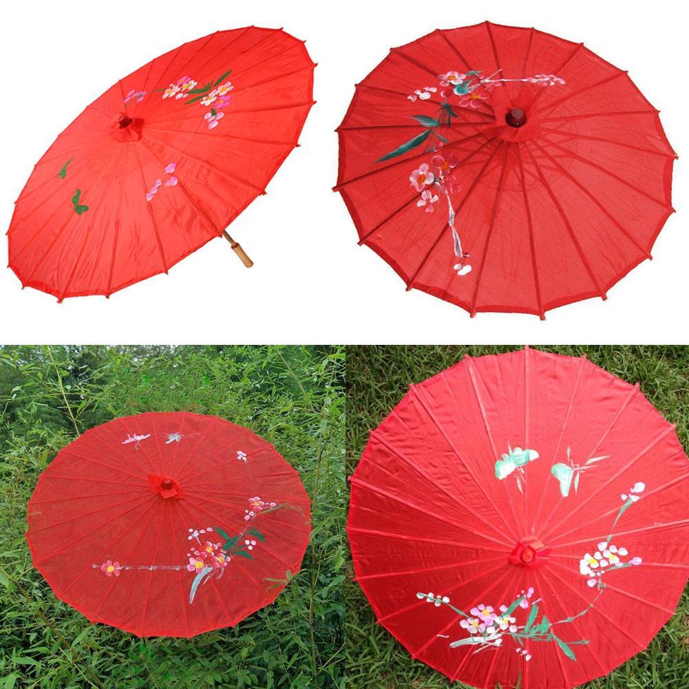 Hot Vintage Red Cloth Umbrella Bamboo Chinese Oriental Style Parasol