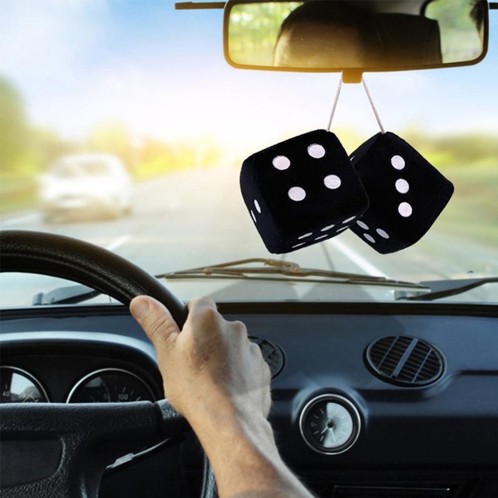 2Pcs Fuzzy Dice Dots Rear View Mirror Hanger Decor Car Styling Accessories  Black