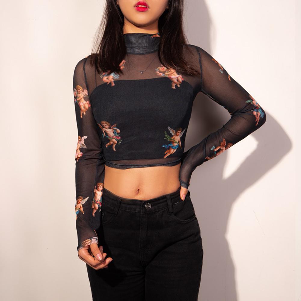 Buy Damen Hot Sale Rollkragen Amor Best Seller Cherub Crop Tops Perspektive Langarm Shirt Blusen Oberteil On Ezbuy Pk