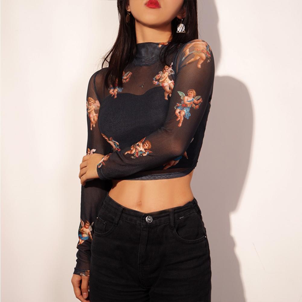 Buy Damen Hot Sale Rollkragen Amor Best Seller Cherub Crop Tops Perspektive Langarm Shirt Blusen Oberteil On Ezbuy Pk