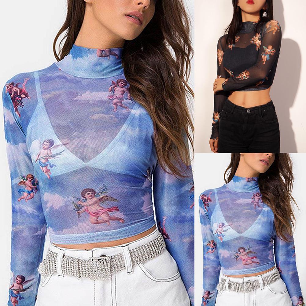 Buy Damen Hot Sale Rollkragen Amor Best Seller Cherub Crop Tops Perspektive Langarm Shirt Blusen Oberteil On Ezbuy Pk