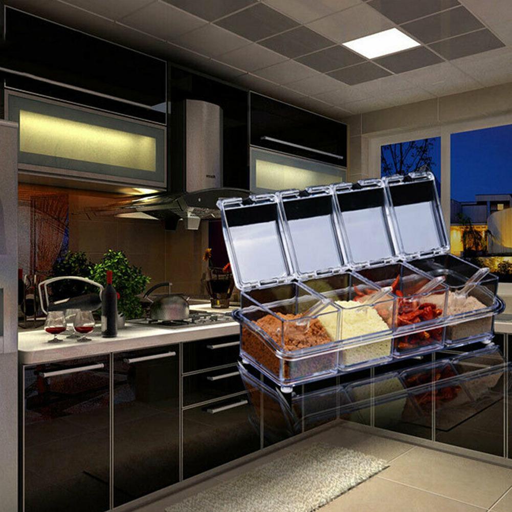 4PcsSet Transparent Seasoning Salt Sugar Storage Box Spice 4PCS Kitchen Under Cabinet Shelf Counter LEDs Light Bar Kit