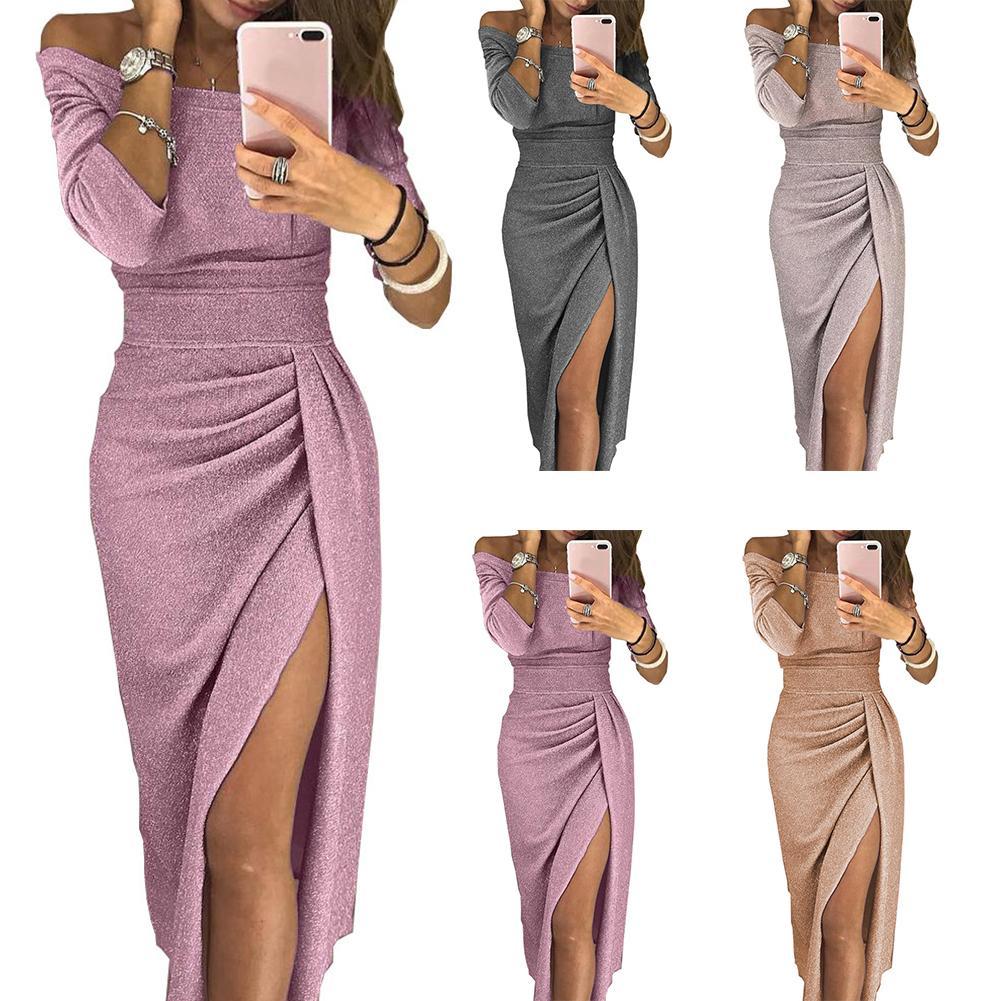 shiny off shoulder ruched thigh slit dress