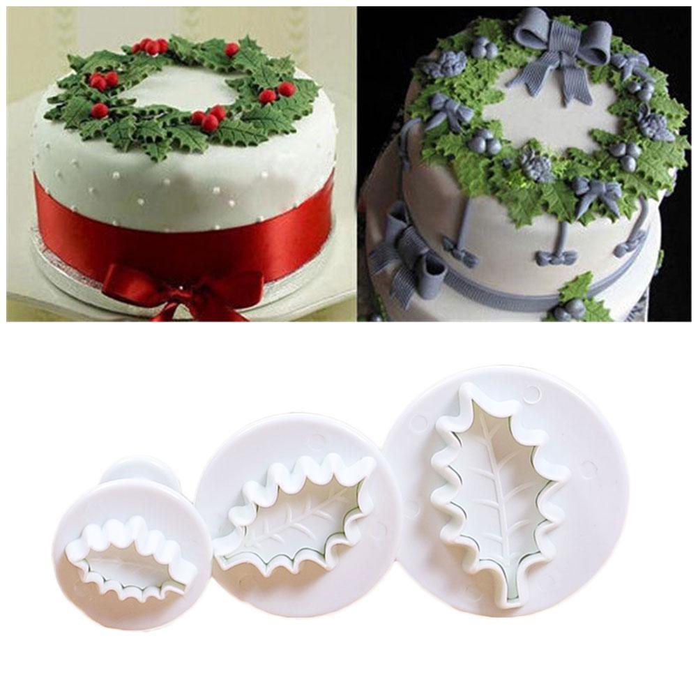 3pcs Holly Leaf Cake Cookie Sugarcraft Fondant Decor Plunger Cutters Mould