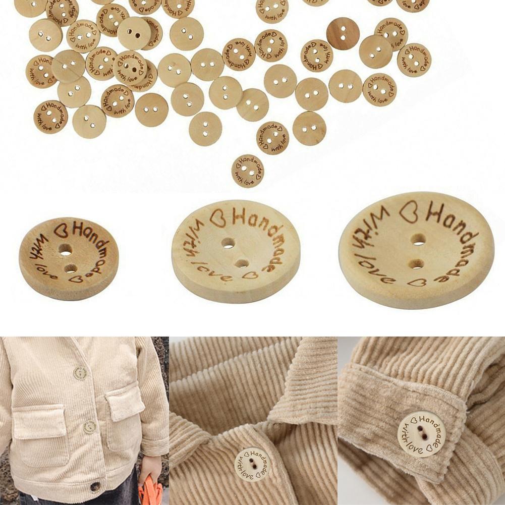 100Pcs/Bag Handmade with Love 2 Holes Wooden-Buttons-Sewing-Scrapbooking DIY Kit