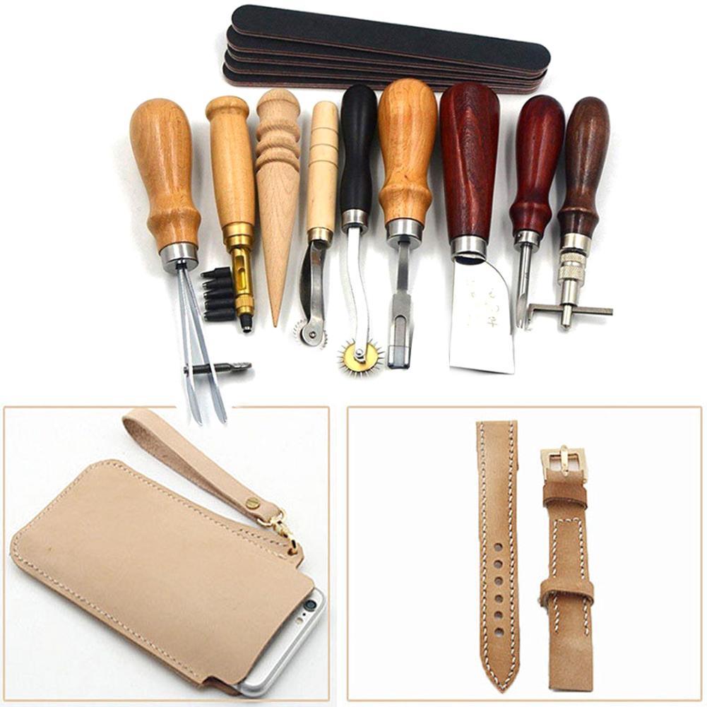 18PC Vintage Leather Craft Tools Kit Stitching Sewing Beveler Punch ...