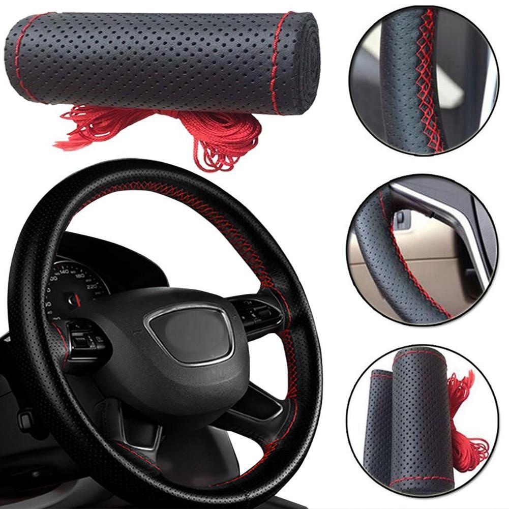38cm DIY PU Leather Car Auto Steering Wheel Cover With Needles and Thread Black
