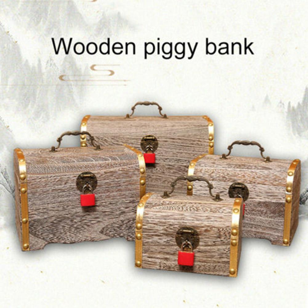 Wooden Money Coin Box Storage Saving Pot Jar Piggy Bank Holiday Gift