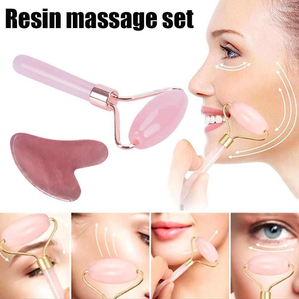 2pcs/Set Kamien Gua Sha Stone For Face Massage Rose Quartz Jade Stone Face Massage Roller Gua Sha Scraper Board Face