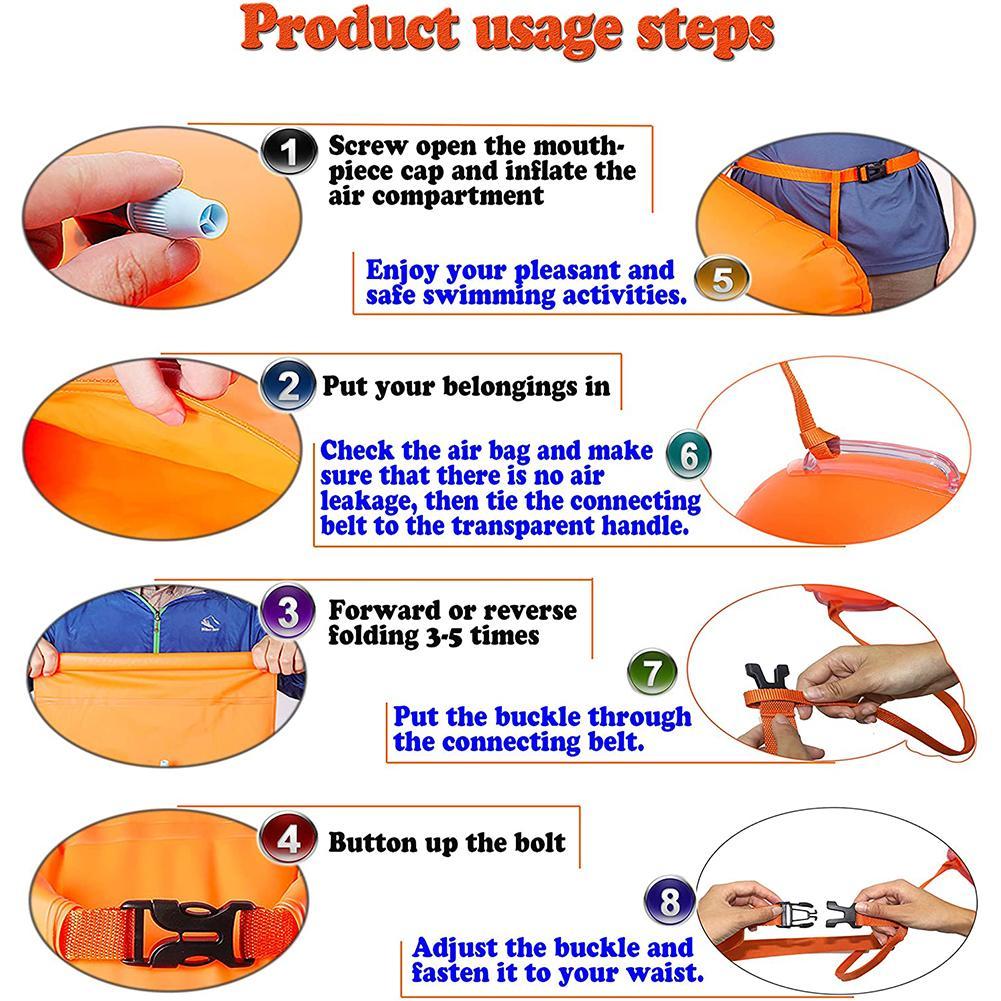 thumbnail image 3 of Ruifaya Flotador de natación inflable con bolsa seca, boya abierta naranja, ¡agua!, 3 of 7