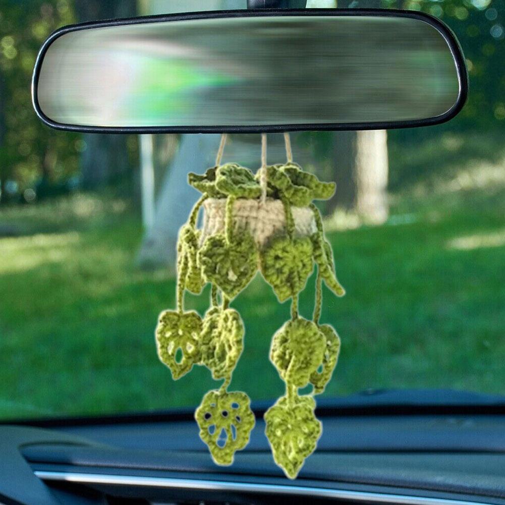 Boho Crochet Hanging Plant For Car, Knitted Rear View Accessories Mirror  C1C3