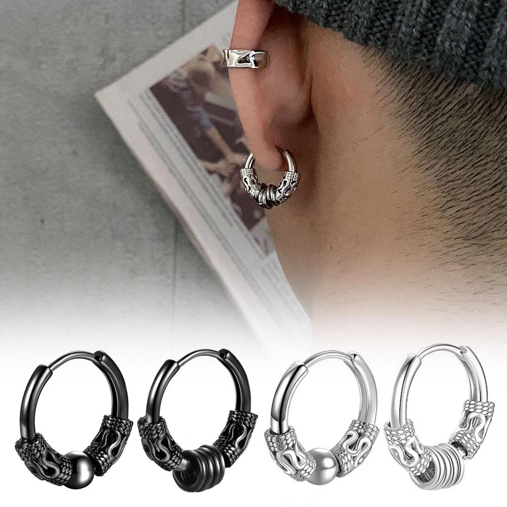 thumbnail image 3 of SGACAI Pendientes de acero inoxidable estilo hip hop con diseño de dragón redondo para hombre, estilo punk, 3 of 7