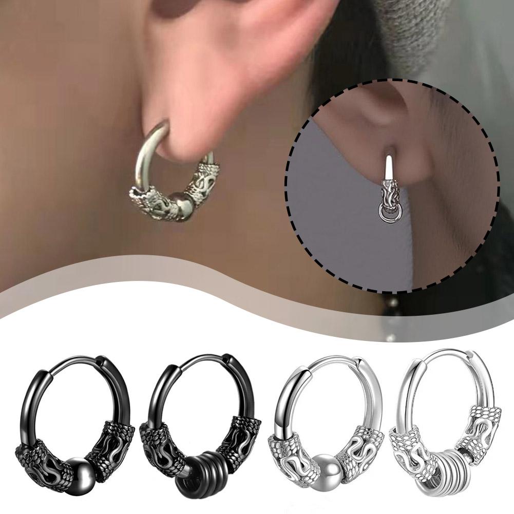 thumbnail image 2 of SGACAI Pendientes de acero inoxidable estilo hip hop con diseño de dragón redondo para hombre, estilo punk, 2 of 7