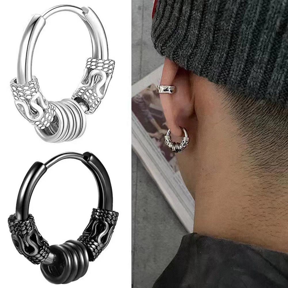 thumbnail image 4 of SGACAI Pendientes de acero inoxidable estilo hip hop con diseño de dragón redondo para hombre, estilo punk, 4 of 7