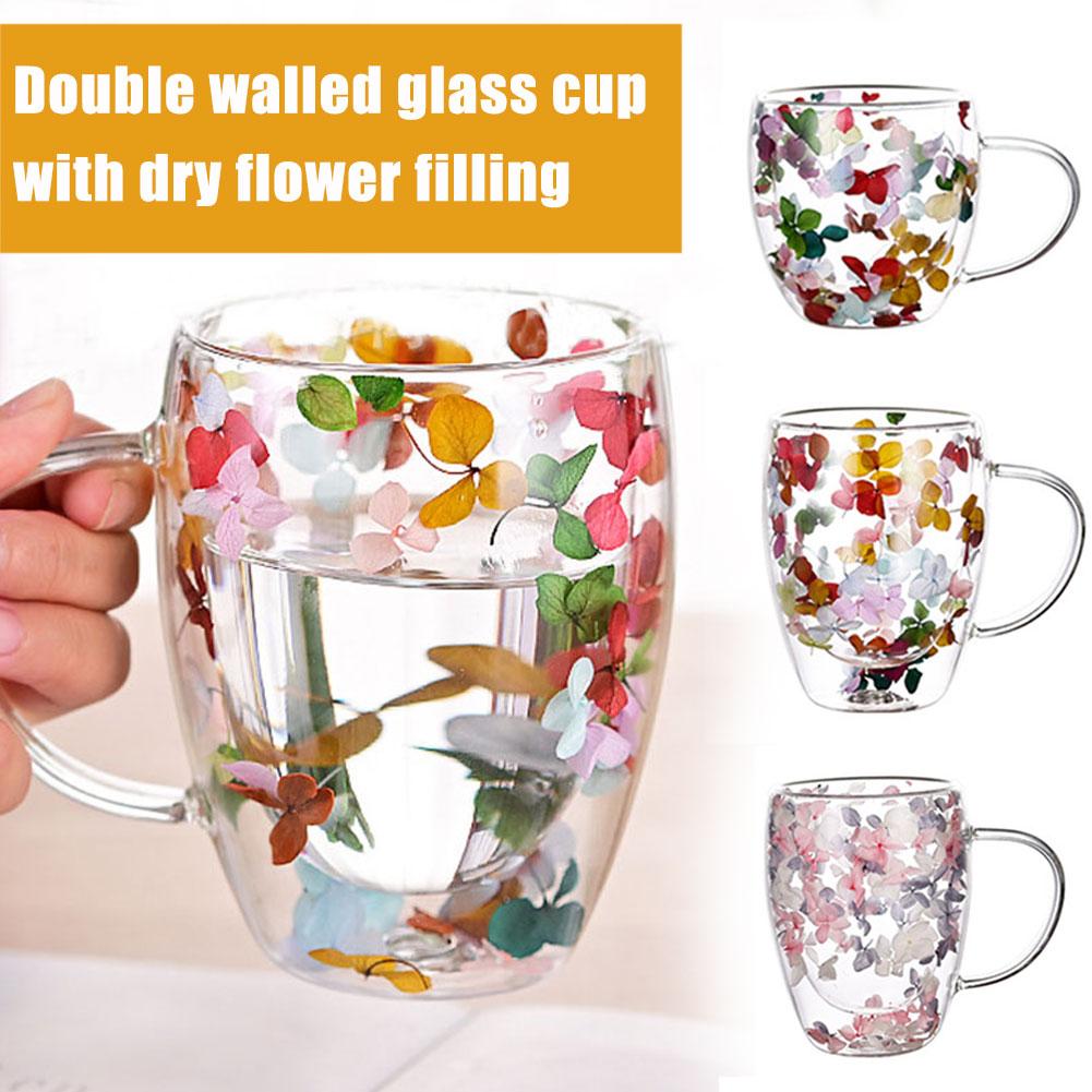 thumbnail image 3 of SGACAI Taza de vidrio de doble pared con flores secas y asa, resistente al calor, para café, té y Reino Unido, 3 of 7