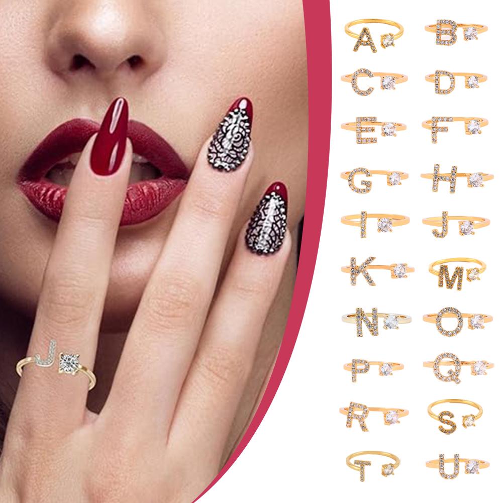 thumbnail image 3 of Ruifaya Anillos de nudillos de circonita cúbica con letras de cristal AZ para mujer, ajustables para fiestas, 3 of 7