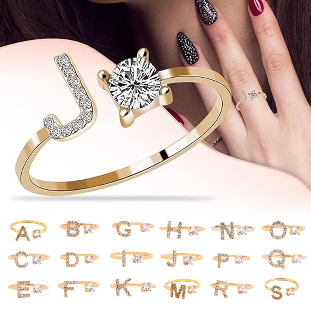 thumbnail image 2 of Ruifaya Anillos de nudillos de circonita cúbica con letras de cristal AZ para mujer, ajustables para fiestas, 2 of 7