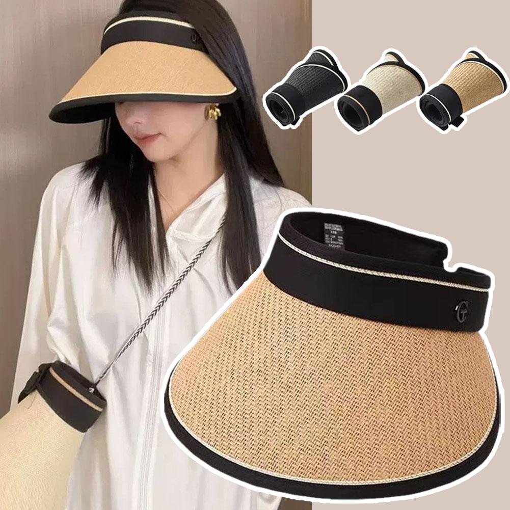 thumbnail image 2 of SGACAI Sombrero de paja de verano para mujer, plegable, de ala ancha, con lazo, visera, sombrero de viaje rápido, 2 of 7