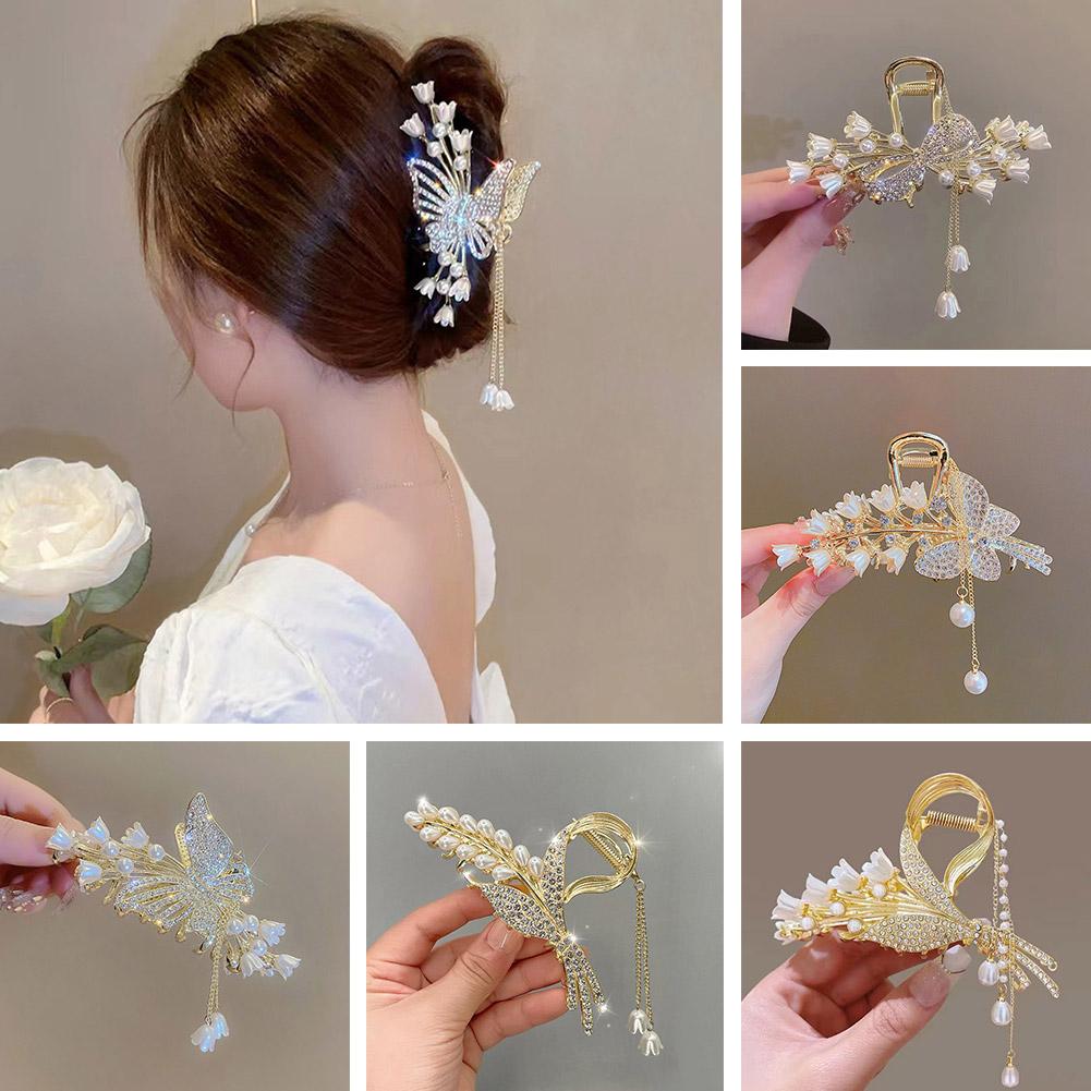 thumbnail image 3 of Wartleves Pinza para el pelo con flecos de perlas de metal, accesorios para el cabello de mariposa para mujer, elegante diseño, 3 of 7
